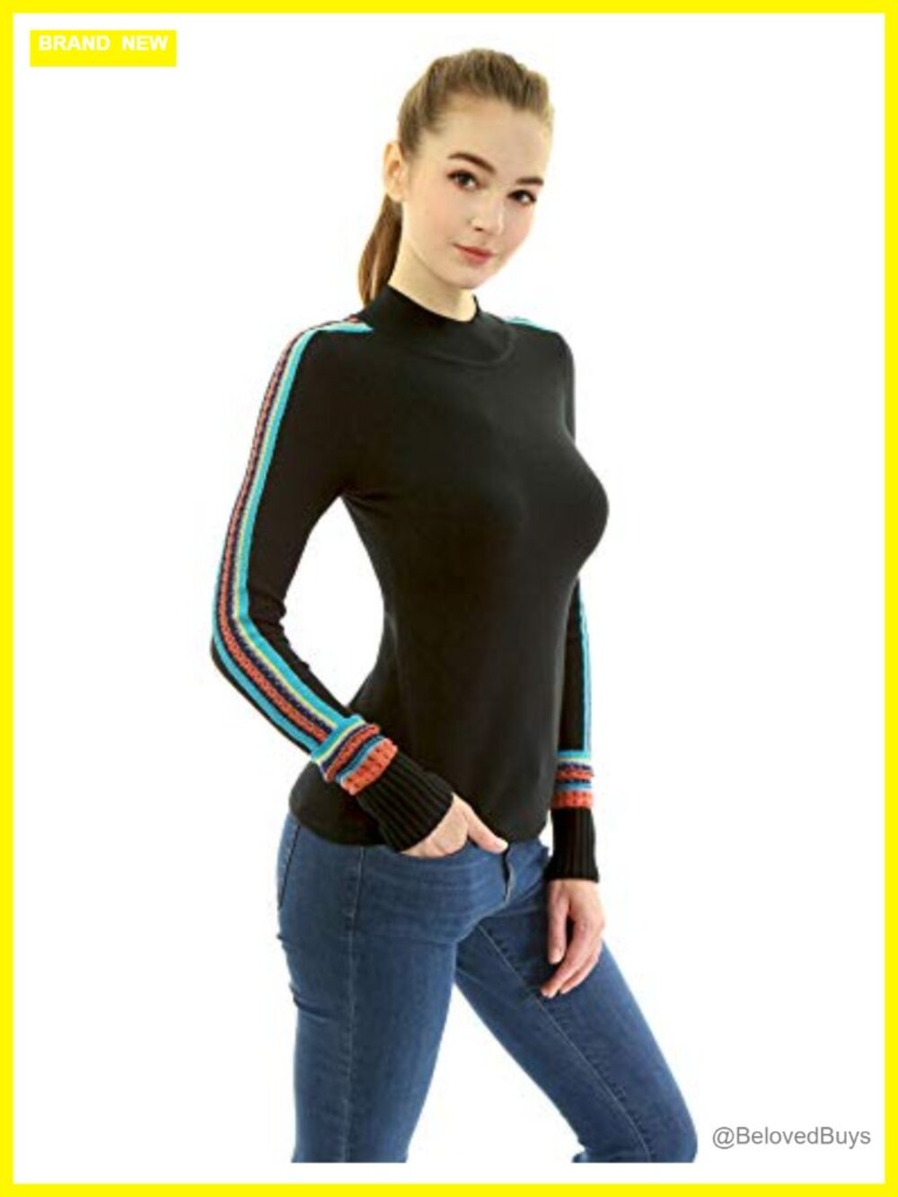 Fair Isle Trim Mock Neck Long Sleeve Pullover Sweater Knit